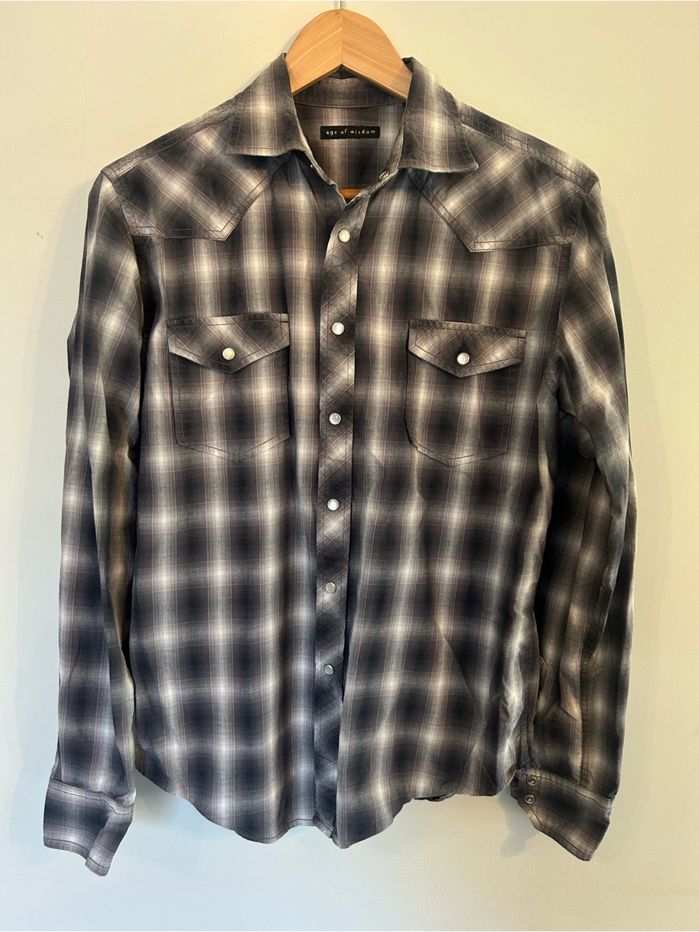 Western Pearl Snap Cowboy Plaid Button Up Shirt Grey Age of Wisdom Men’s Small